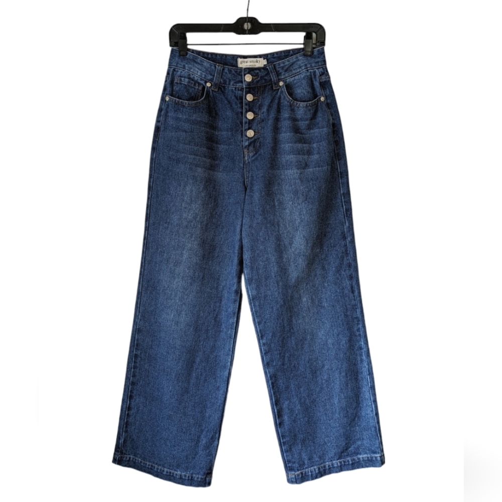 Great Smoky Los Angeles Wide Leg Button Fly Blue Jeans 100% Cotton Small 4 or 7
